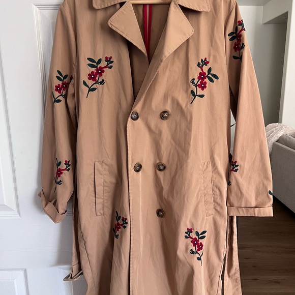 En Saison Tan Trench Coat with Floral Embroidery - Picture 1 of 6